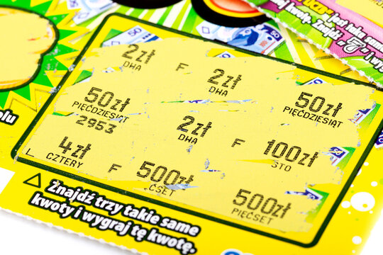 Scratch card from polish lotto, lottery ticket scratch-off scratchie with numbers. Gambling addiction, winning money lottery paper card coupon concept