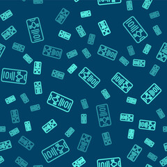 Green line Smartphone with electronic boarding pass airline ticket icon isolated seamless pattern on blue background. Passenger plane mobile ticket for web and app. Vector.