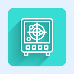 White line Radar with targets on monitor in searching icon isolated with long shadow. Search system. Navy sonar. Green square button. Vector.