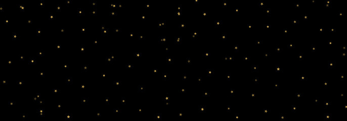 Festive background with gold stars on black, glitter, gold foil confetti