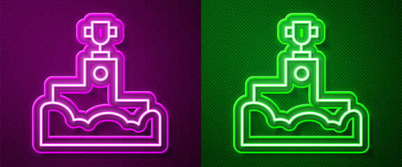 Glowing neon line Award over sports winner podium icon isolated on purple and green background. Vector.