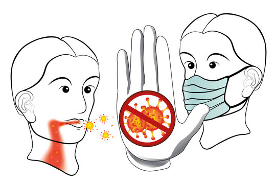 Gesicht mit Maske und symbolische Hand mit Stoppsymbol gegen Viren.