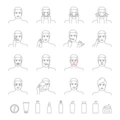 Men's skin care vector icon set. Line style, editable stroke
