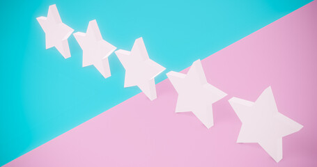 Five 3D white glowing star rating on blue pink pastel 3d illustration