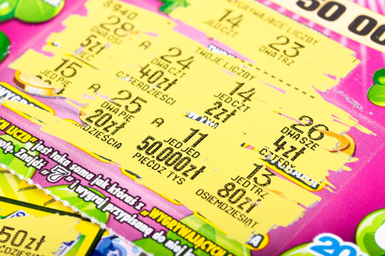 Polish scratch card lotto lottery ticket scratch-off, scratchie with numbers. Gambling addiction, winning money lottery paper card coupon game concept