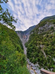 Waterfall Boka in Slovenia near Soca river. Waterfall in the mountains. 