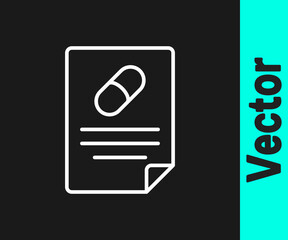 White line Medical prescription icon isolated on black background. Rx form. Recipe medical. Pharmacy or medicine symbol. Vector.