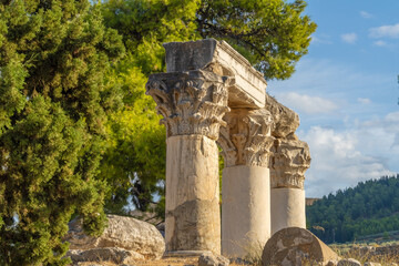 Ruins of Ancient Corinth, a city-state (polis) on the Isthmus of Corinth, Peloponnese, Greece. For...