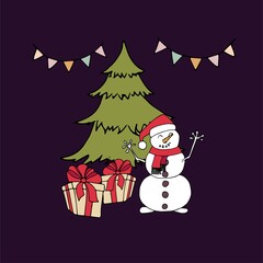 Snowman under green Christmas tree gifts sketch on dark blue winter holidays art design element stoock vector illustration for web, for print 