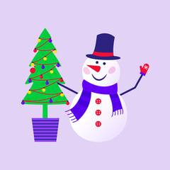 Merry Christmas cute greeting card with snowman and snowflakes for happy new year presents. Scandinavian style set for invitation, children room, nursery decor, interior design, stickers