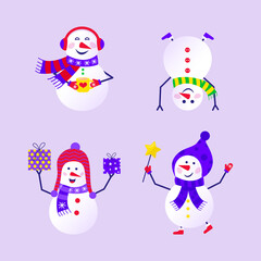 Merry Christmas cute greeting card with snowman and snowflakes for happy new year presents. Scandinavian style set for invitation, children room, nursery decor, interior design, stickers