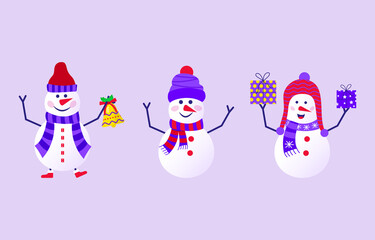 Merry Christmas cute greeting card with snowman and snowflakes for happy new year presents. Scandinavian style set for invitation, children room, nursery decor, interior design, stickers