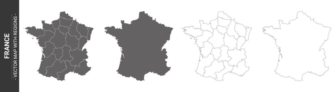 4 vector political maps of France with regions on white background	