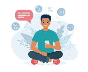 Black man using smartphone. Vector illustration in flat style