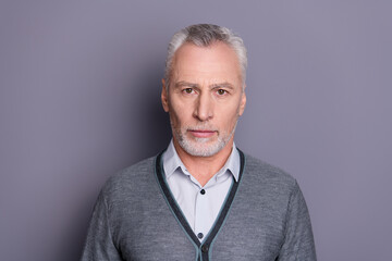 Close-up portrait of his he nice-looking attractive serious financier lawyer attorney business shark isolated over gray pastel background