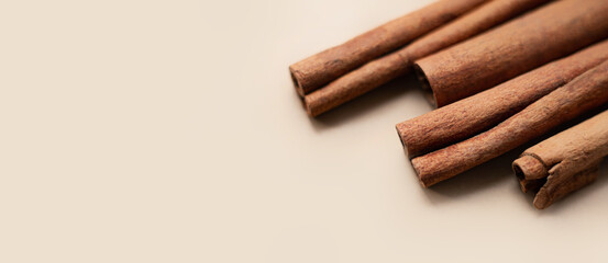 Cinnamon sticks on light background with blank text space close-up