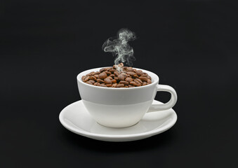 ROASTED SMOKEY COFFEE BEANS IN A COFFEE CUP 
