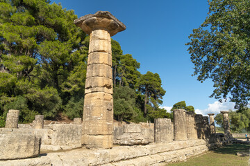 Ruins of the Temple of Hera in the archeological site of Olympia, Greece, a major Panhellenic religious sanctuary of ancient Greece, where the ancient Olympic Games were held.