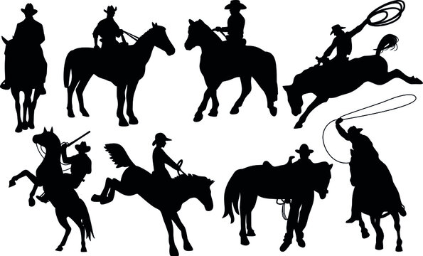 Cowboy Rancher Rodeo Silhouettes Western Riding Discipline Reining Vector Collection