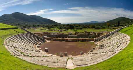 Ruins of the theater in the Ancient Messene archeological site, Peloponnese, Greece. One of the...