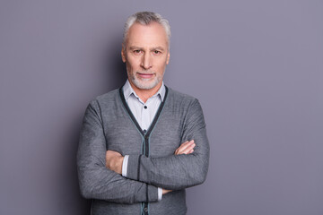 Portrait of his he nice-looking attractive candid content top manager financier business shark...