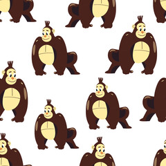 Monkey, gorilla cute, funny cartoon character vector seamless pattern isolated on white background. Concept for wallpaper, wrapping paper, cards