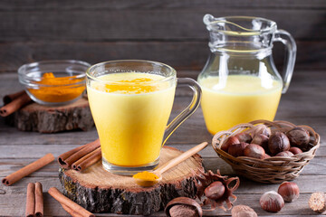 Moon milk with turmeric, yellow Vedic milk with spices, cinnamon, anise and pepper, vegan food