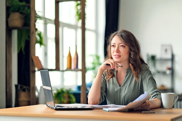 Fototapeta premium Young woman working from home office. Freelancer using laptop and the Internet. Workplace in living room.