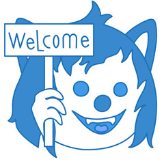 cheerful smiling wolf holding a banner with welcome text, simplistic facial expression vector illustration, simple hand drawn circle shaped emoticon, funny cartoon character