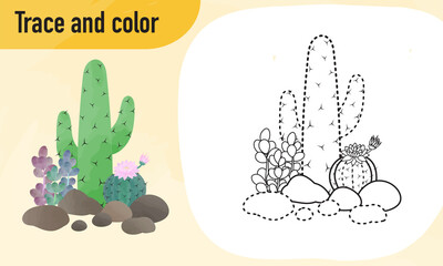 Trace and colour worksheet, practicing for preschool kids : Cactus