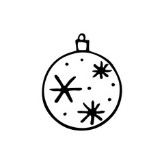 Vector Christmas outline tree ball. Element of New year and xmas design in doodle style, isolated. Simple hand drawn illustration for greeting cards, calendars, prints, childrens coloring book