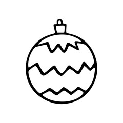 Vector Christmas outline tree ball. Element of New year and xmas design in doodle style, isolated. Simple hand drawn illustration for greeting cards, calendars, prints, childrens coloring book