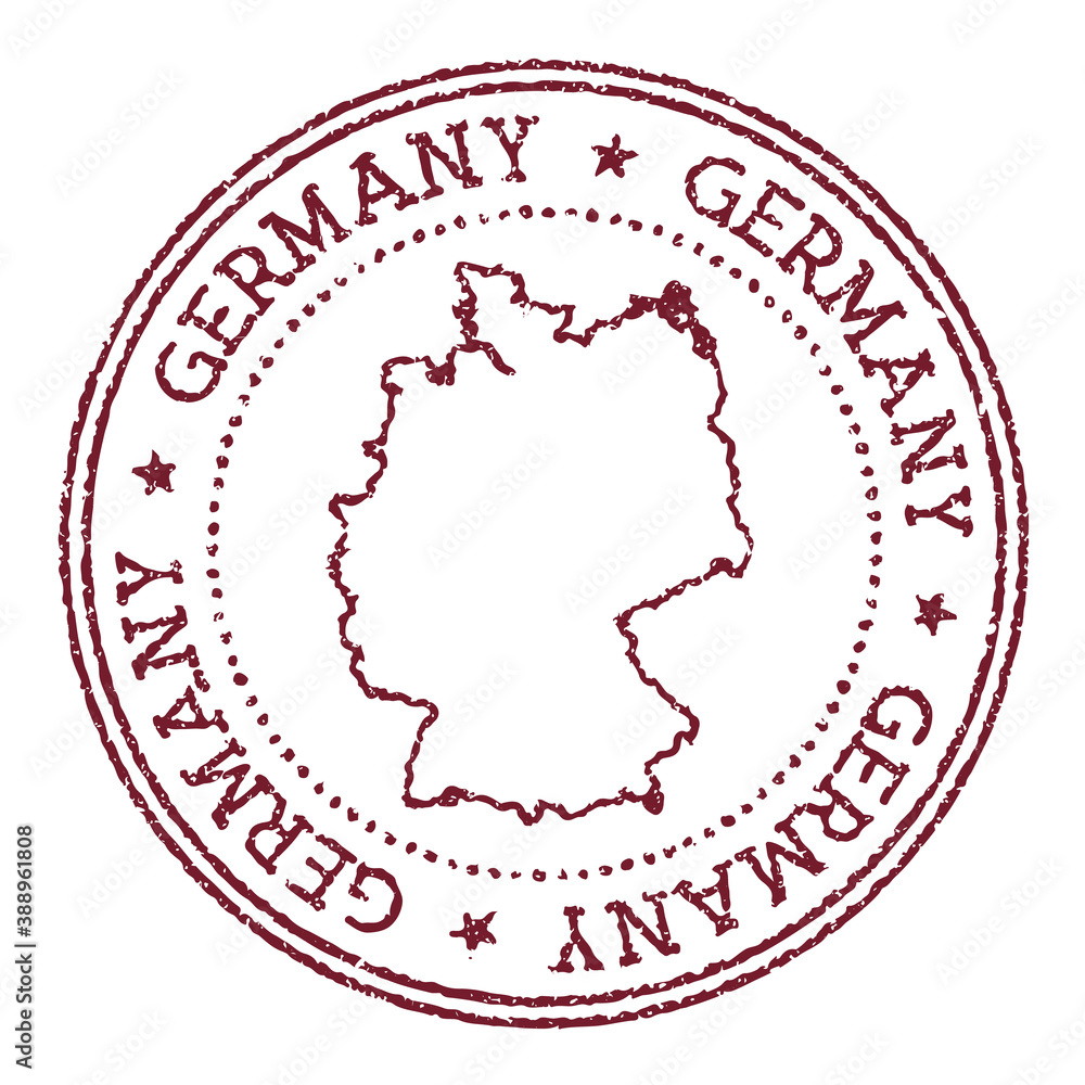 Wall mural Germany round rubber stamp with country map. Vintage red passport stamp with circular text and stars, vector illustration.