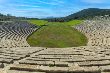 Ruins of the stadium in the ancient Messene archeological site, Peloponnese, Greece. One of the...