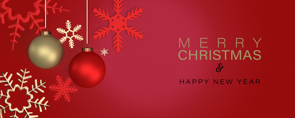 3d render. Happy New Year red background with Christmas snowflakes and balls