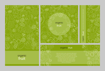 Vector banners of tropical fruits with seamless pattern. Design for juices, ice cream, natural cosmetics, sweets and pastries with fruit filling, dessert menu, health products. With place for text.