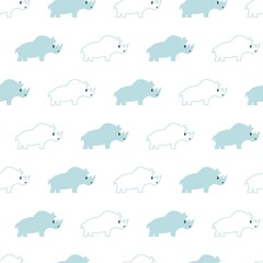 Cute Blue and White Rhino Row Vector Graphic Seamless Pattern