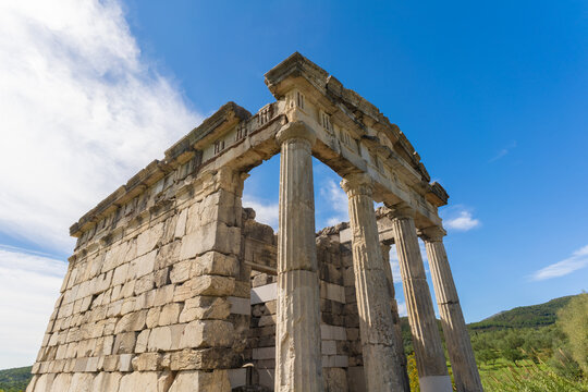 Ruins Heroon Mausoleum in the Ancient Messene archeological site, Peloponnese, Greece. One of the best preserved ancient cities in Greece