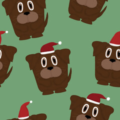 New Year seamless pattern with cute dogs with Santa hats on a light green background