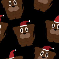New Year seamless pattern with cute dogs with Santa hats on a black background
