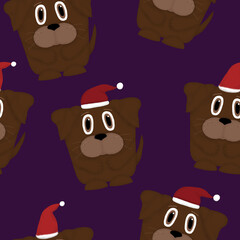 New Year seamless pattern with cute dogs with Santa hats on a purple background