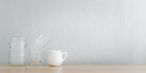 kitchenware decoration on wooden shelf with copy space