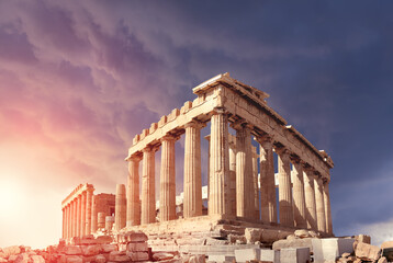 Naklejka premium Parthenon on the Acropolis in Athens, Greece, on a sunset