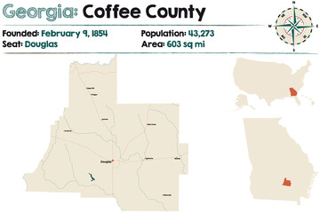 Large and detailed map of Coffee county in Georgia, USA.