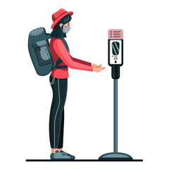 vector illustration, a girl with a backpack in a medical mask treats her hands with an antiseptic.
safe travel, floor sanitizer, COVID-19