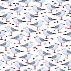 Lots of white sea gulls and sea pebbles on a white background. Seamless pattern with a marine theme.
