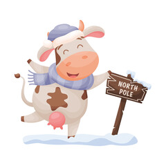 Cute cartoon cow character is happy to find the North Pole direction sign. Chinese New year of the zodiac ox cow. Vector illustration.