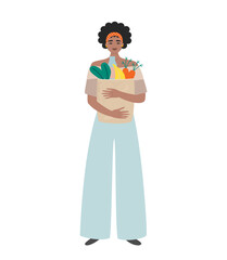 Grocery shopping. Happy black woman holding a paper bag with fresh vegetables and fruit. Beautiful afro american girl in casual clothes buys healthy food. Flat vector illustration
