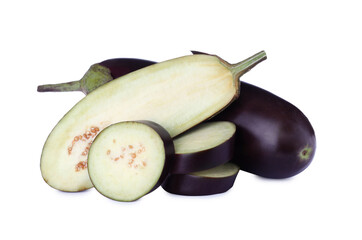 Cut and whole fresh ripe eggplants on white background