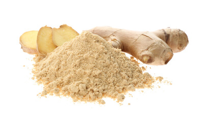 Dry ginger powder and fresh root isolated on white